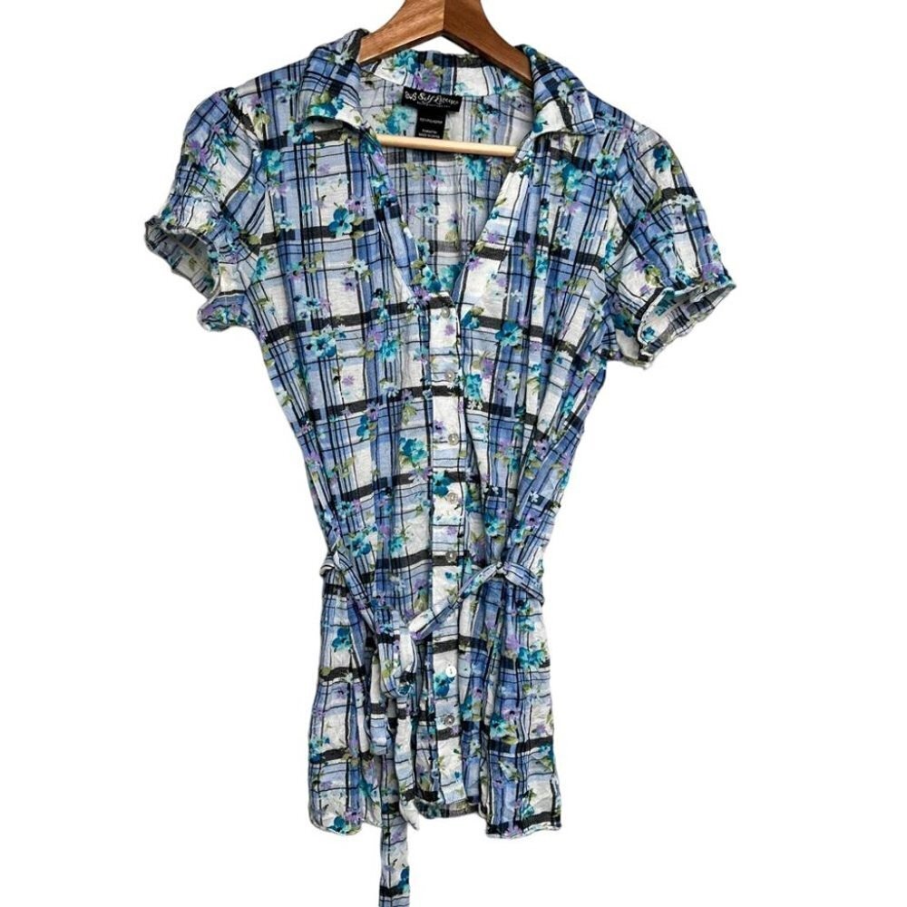Self Esteem Womens Size Medium Blue Plaid Short Sleeve Button Up Blouse Tie UP
